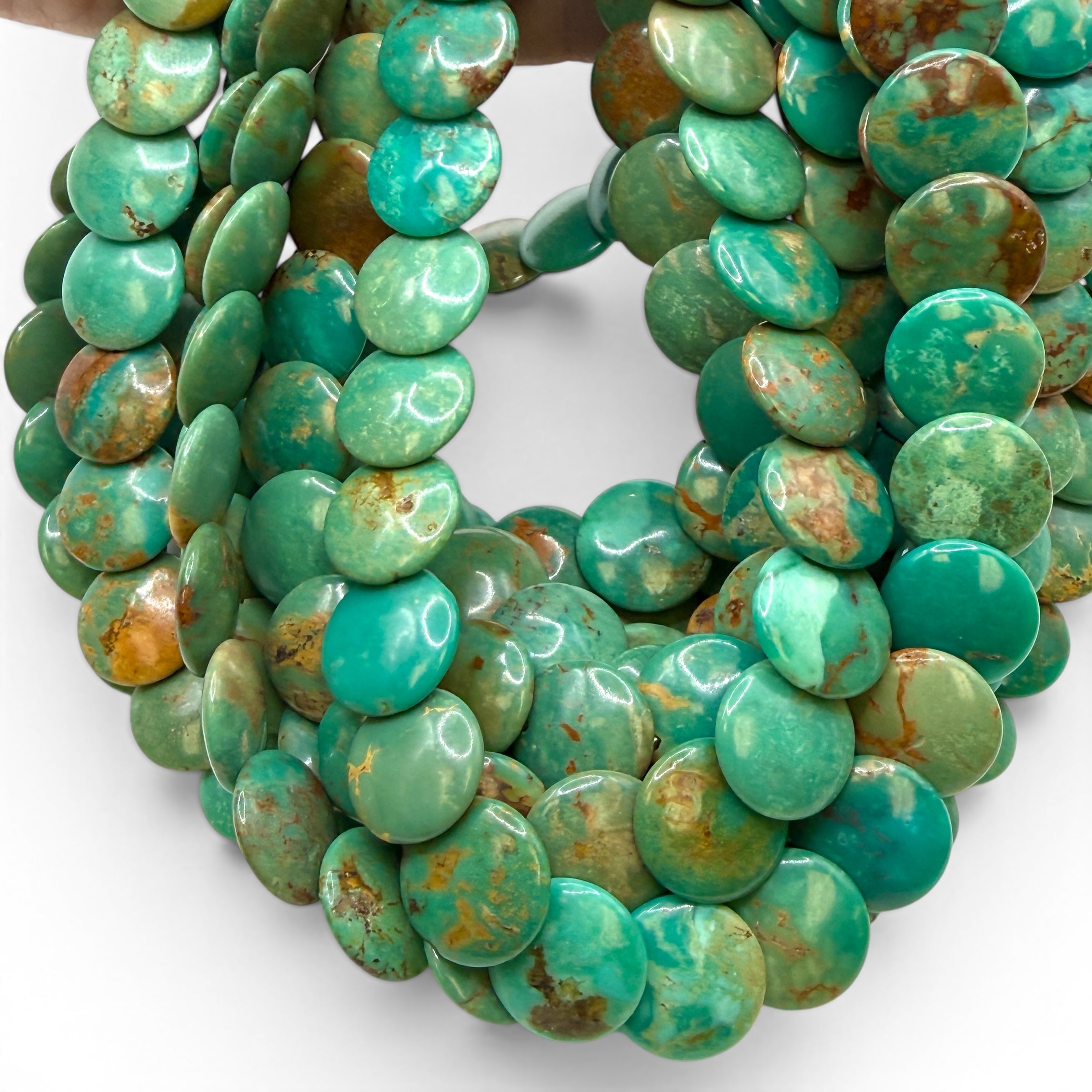 AAA Layered Turquoise Beads with Gorgeous Balanced Matrix Huibei - Men's Jewelry Making Supply - Shingled Style Flat Coin Round Disc