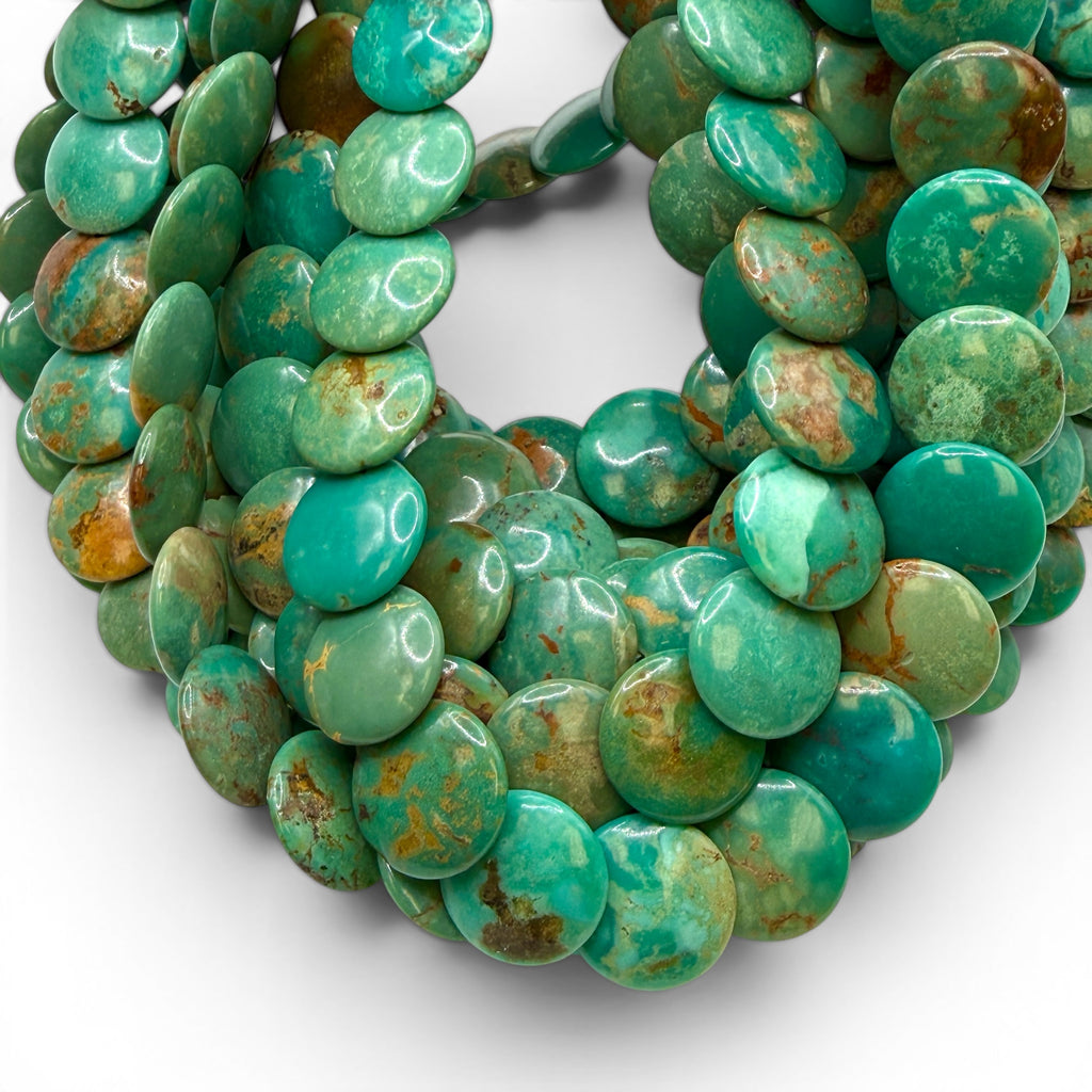 AAA Layered Turquoise Beads with Gorgeous Balanced Matrix Huibei - Men's Jewelry Making Supply - Shingled Style Flat Coin Round Disc