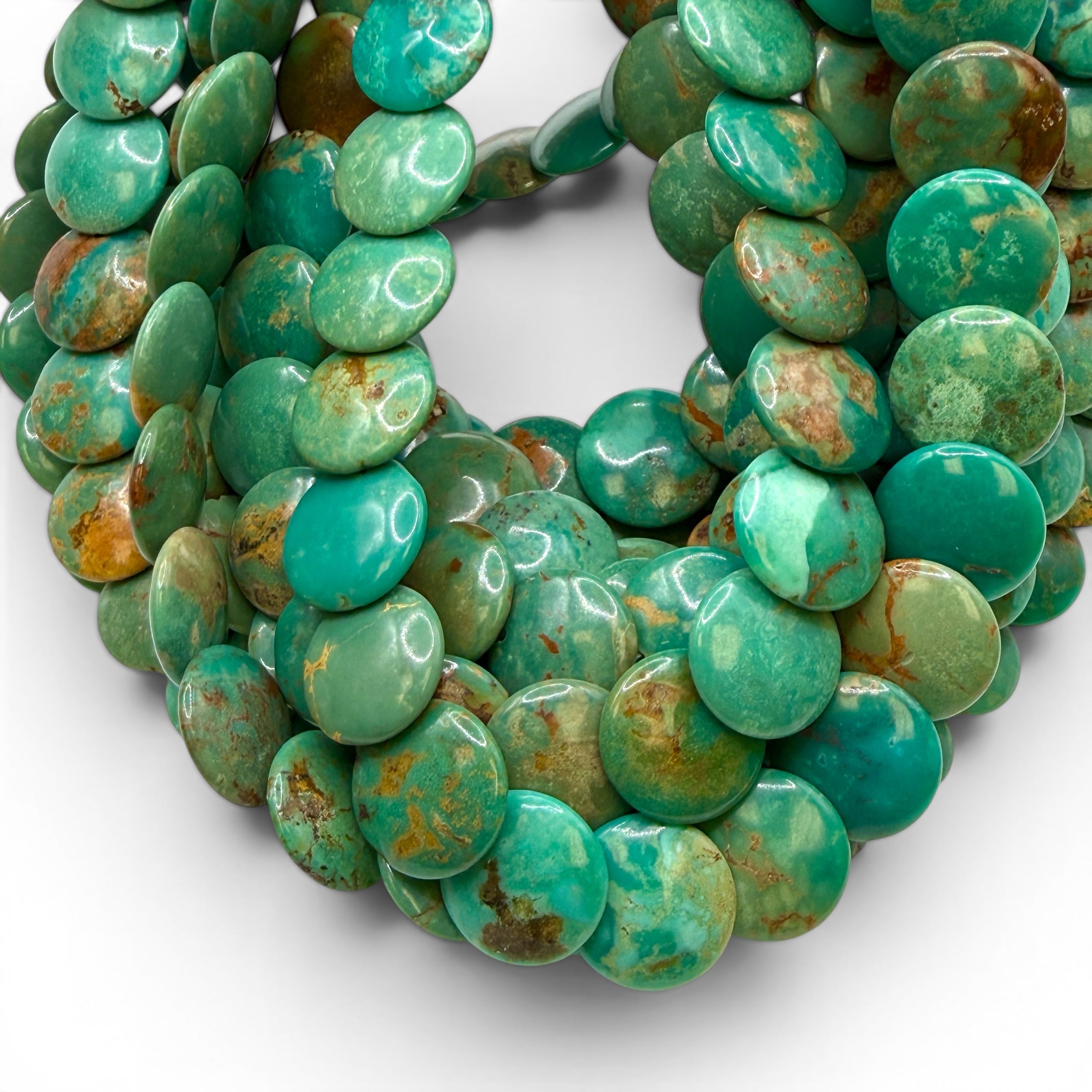 AAA Layered Turquoise Beads with Gorgeous Balanced Matrix Huibei - Men's Jewelry Making Supply - Shingled Style Flat Coin Round Disc
