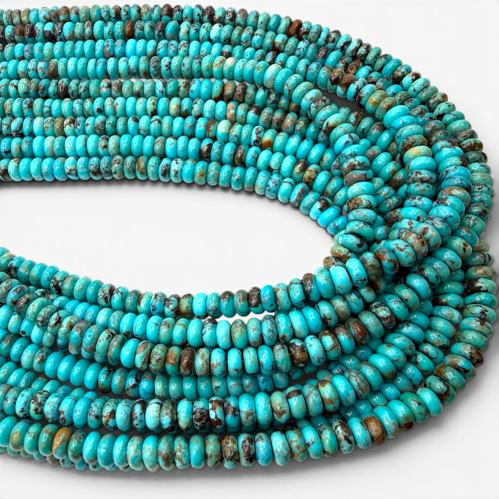 Arizona Kingman Turquoise Beads USA - Balanced Matrix - Rich Robin Egg Blue Tone - Men's Jewelry - Smooth Rondelle 6mm SKU#B504