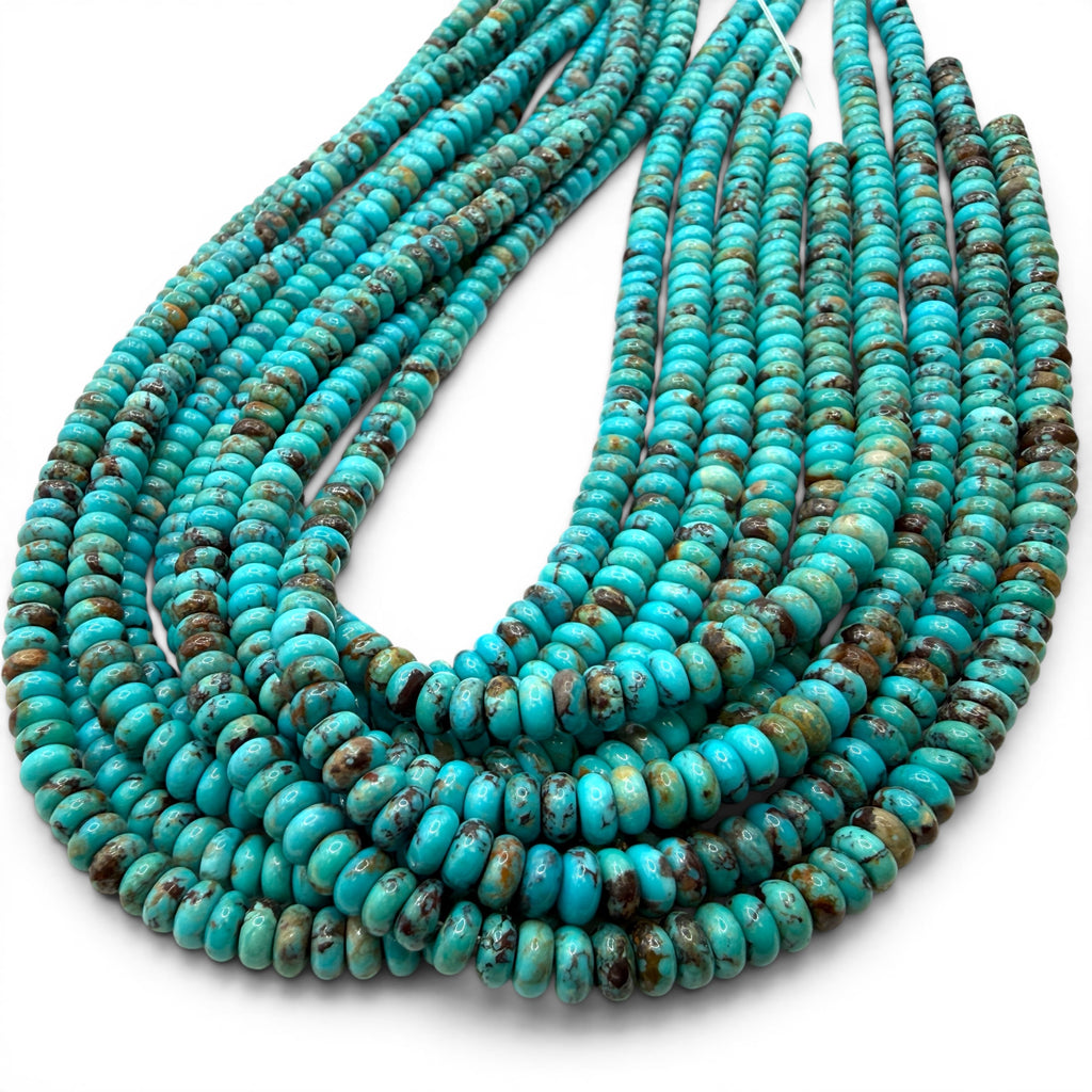 Arizona Kingman Turquoise Beads USA - Balanced Matrix - Rich Robin Egg Blue Tone - Men's Jewelry - Smooth Rondelle 6mm SKU#B504