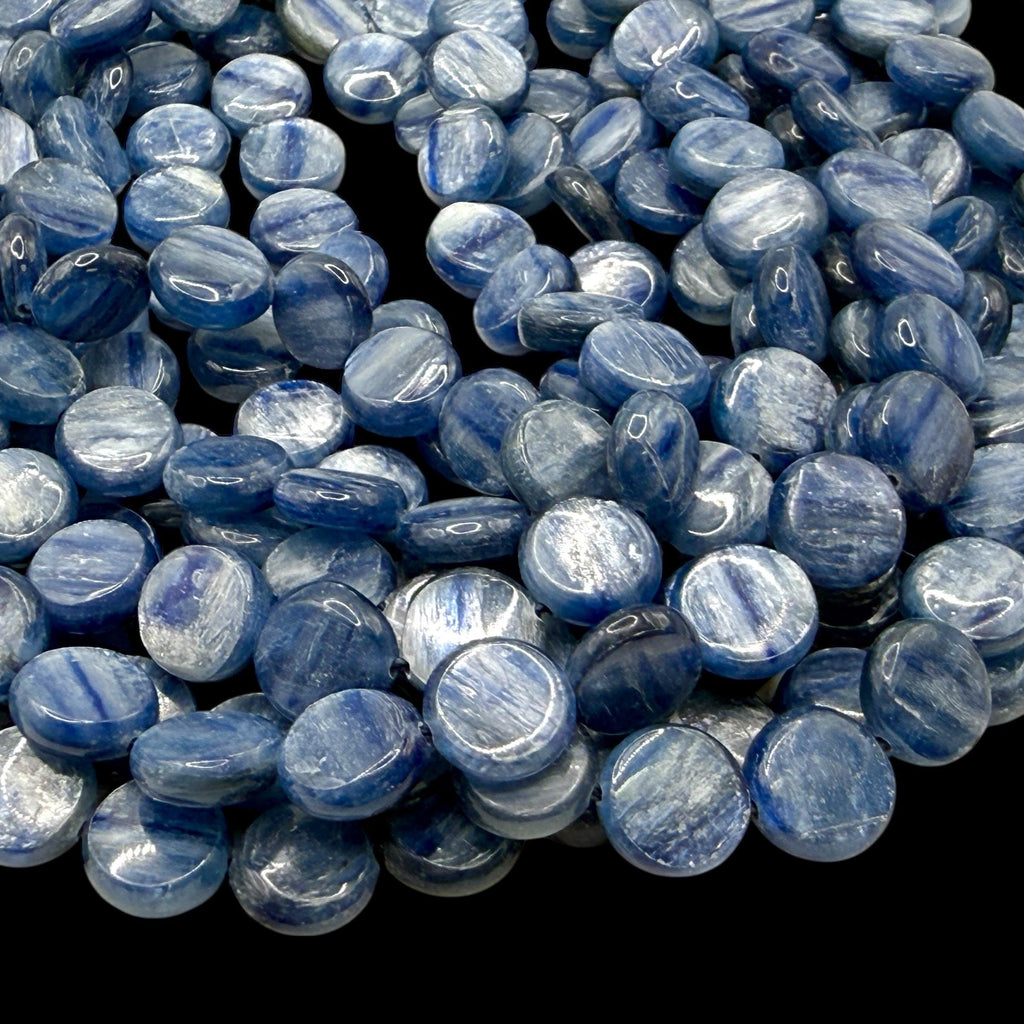 Minas-Gerais Kyanite Beads Brazil Authentic - Silky Shimmer - Sapphire-like Depth - Ideal for Men's Jewelry - Smooth Coin