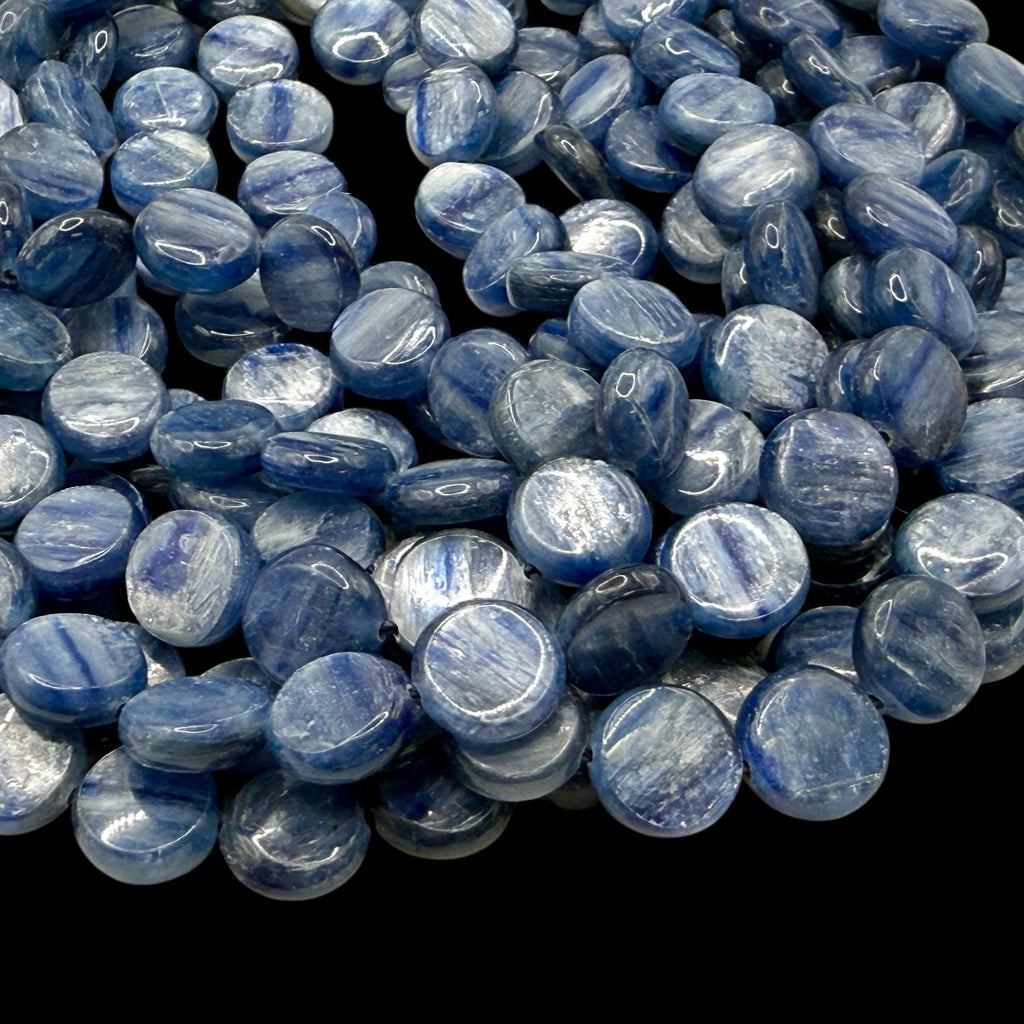 Minas-Gerais Kyanite Beads Brazil Authentic - Silky Shimmer - Sapphire-like Depth - Ideal for Men's Jewelry - Smooth Coin