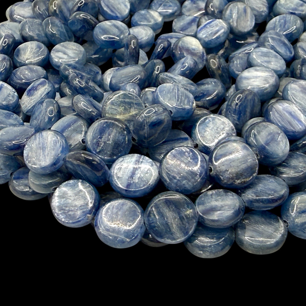 Minas-Gerais Kyanite Beads Brazil Authentic - Silky Shimmer - Sapphire-like Depth - Ideal for Men's Jewelry - Smooth Coin