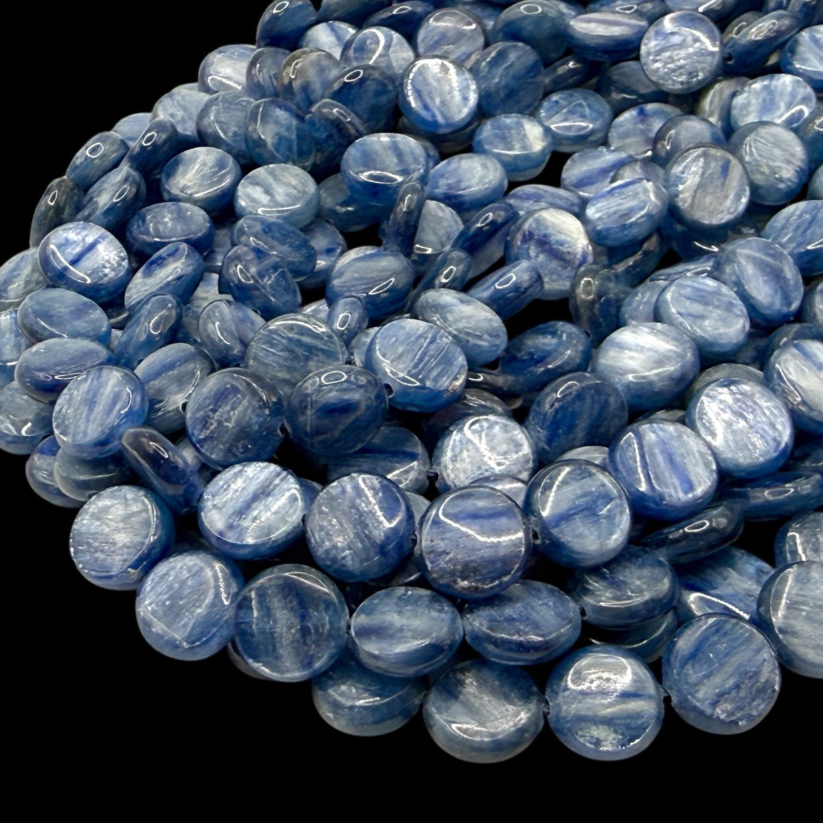 Minas-Gerais Kyanite Beads Brazil Authentic - Silky Shimmer - Sapphire-like Depth - Ideal for Men's Jewelry - Smooth Coin