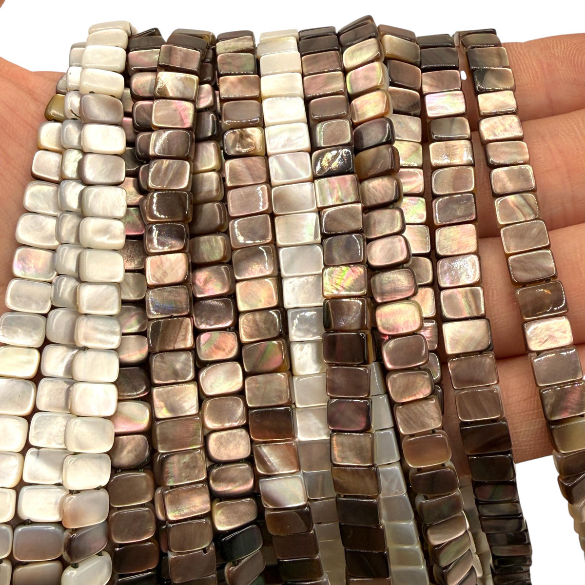 Mirror-Finished Double-Drilled Tahitian Pearl Shell Beads (AAA Luster) Reversible 2-Tone Rectangle 6X8mm SKU#B204