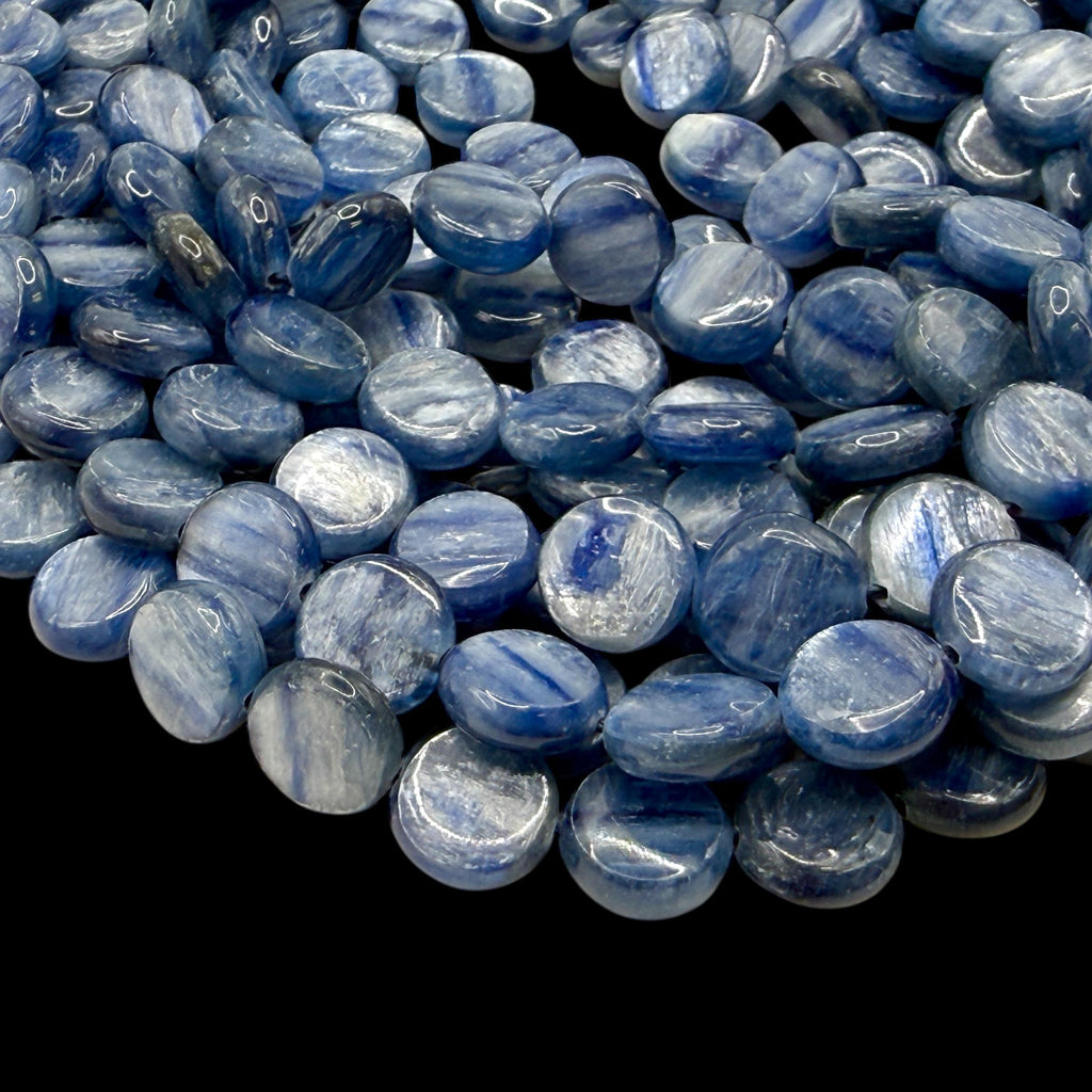 Minas-Gerais Kyanite Beads Brazil Authentic - Silky Shimmer - Sapphire-like Depth - Ideal for Men's Jewelry - Smooth Coin