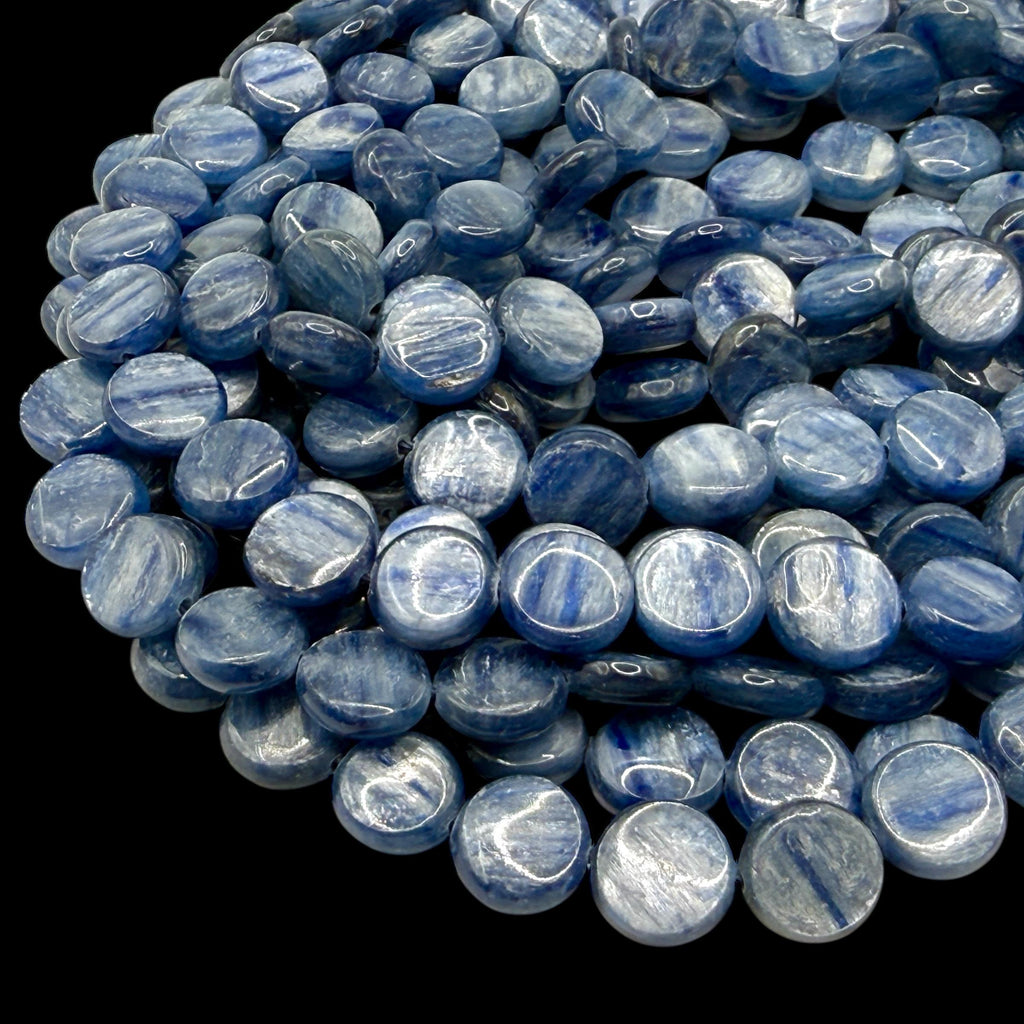 Minas-Gerais Kyanite Beads Brazil Authentic - Silky Shimmer - Sapphire-like Depth - Ideal for Men's Jewelry - Smooth Coin