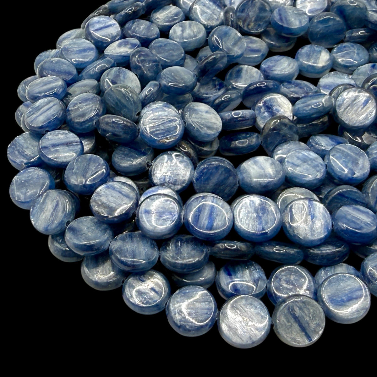 Minas-Gerais Kyanite Beads Brazil Authentic - Silky Shimmer - Sapphire-like Depth - Ideal for Men's Jewelry - Smooth Coin