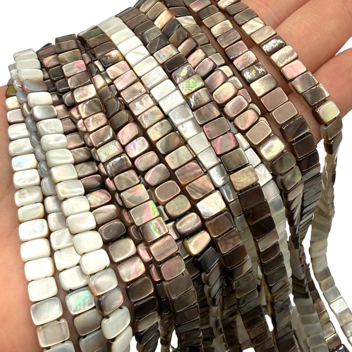 Mirror-Finished Double-Drilled Tahitian Pearl Shell Beads (AAA Luster) Reversible 2-Tone Rectangle 6X8mm SKU#B204