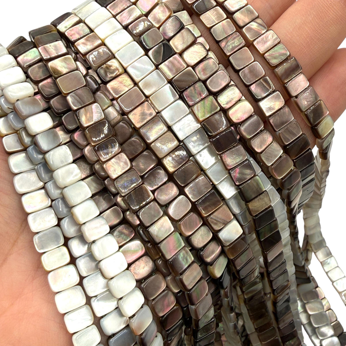 Mirror-Finished Double-Drilled Tahitian Pearl Shell Beads (AAA Luster) Reversible 2-Tone Rectangle 6X8mm SKU#B204