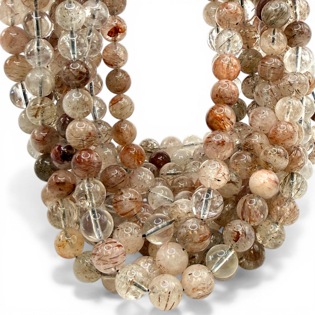 Angel-Hair Copper Rutilated Phantom Quartz Beads Brazil - Copper Rutile with Hematite - Jewelry Making - Smooth Round