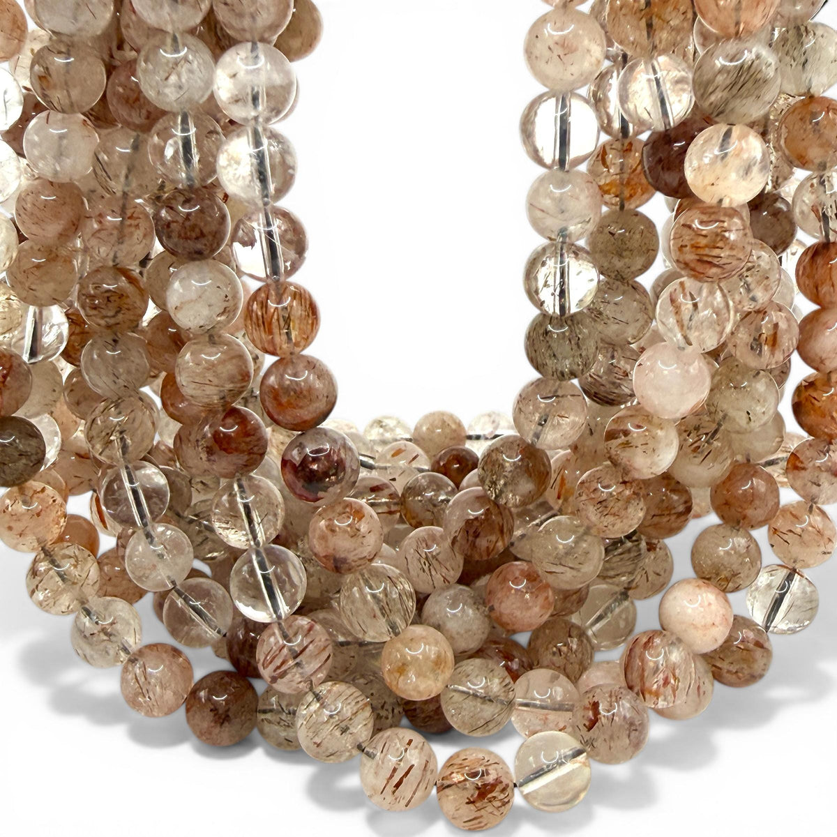Angel-Hair Copper Rutilated Phantom Quartz Beads Brazil - Copper Rutile with Hematite - Jewelry Making - Smooth Round
