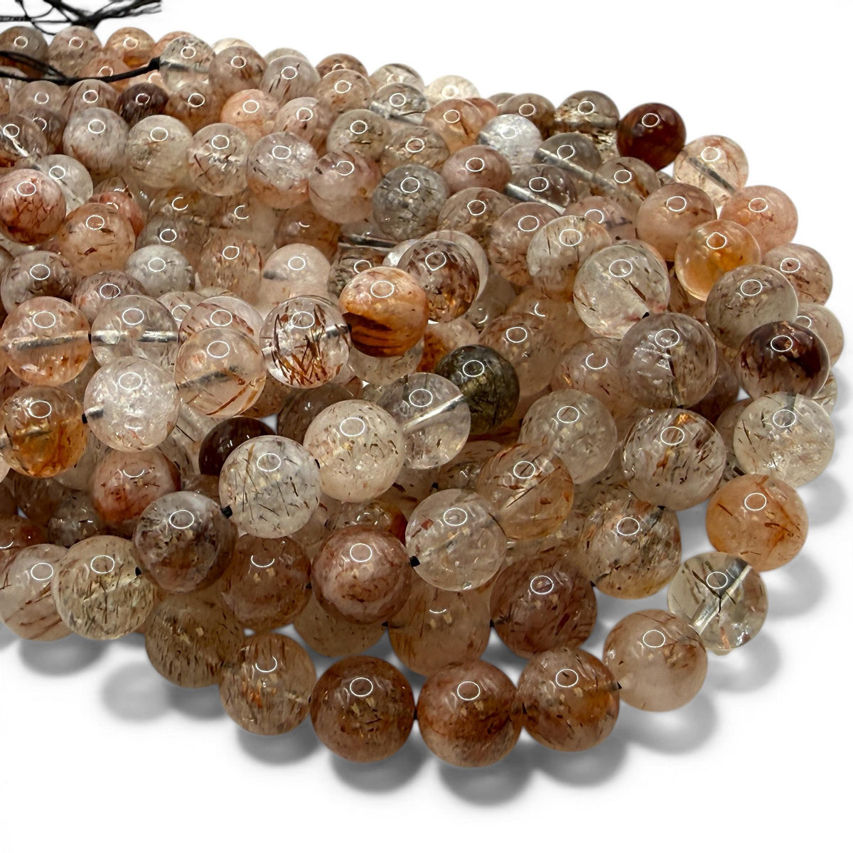 Angel-Hair Copper Rutilated Phantom Quartz Beads Brazil - Copper Rutile with Hematite - Jewelry Making - Smooth Round