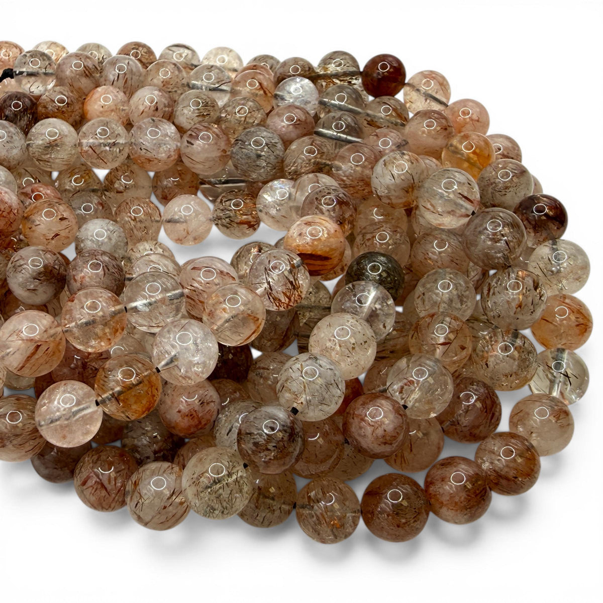 Angel-Hair Copper Rutilated Phantom Quartz Beads Brazil - Copper Rutile with Hematite - Jewelry Making - Smooth Round