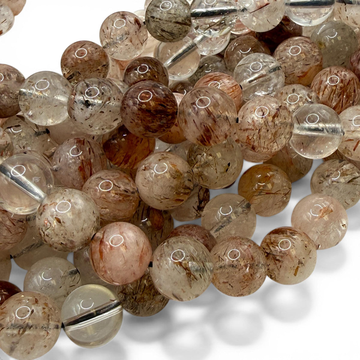 Angel-Hair Copper Rutilated Phantom Quartz Beads Brazil - Copper Rutile with Hematite - Jewelry Making - Smooth Round