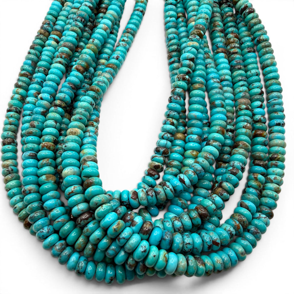 6mm Arizona Kingman Turquoise Beads USA - Balanced Matrix - Rich Robin Egg Blue Tone - Men's Jewelry - Smooth Rondelle SKU#B504