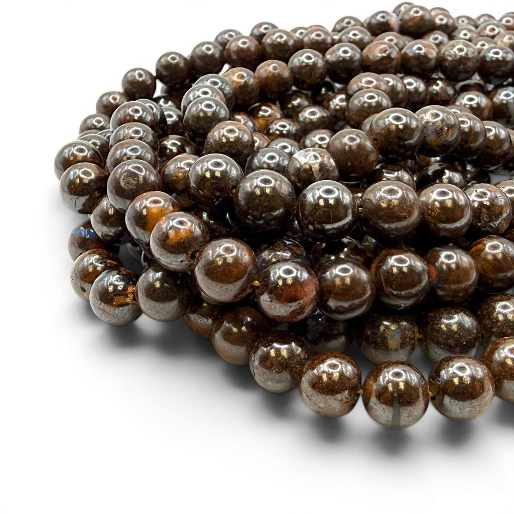 Queensland Boulder Opal Beads Australia - Naturally Formed in Cracks of Ironstone Boulders - Darkest Espresso Brown AAA - Smooth Round