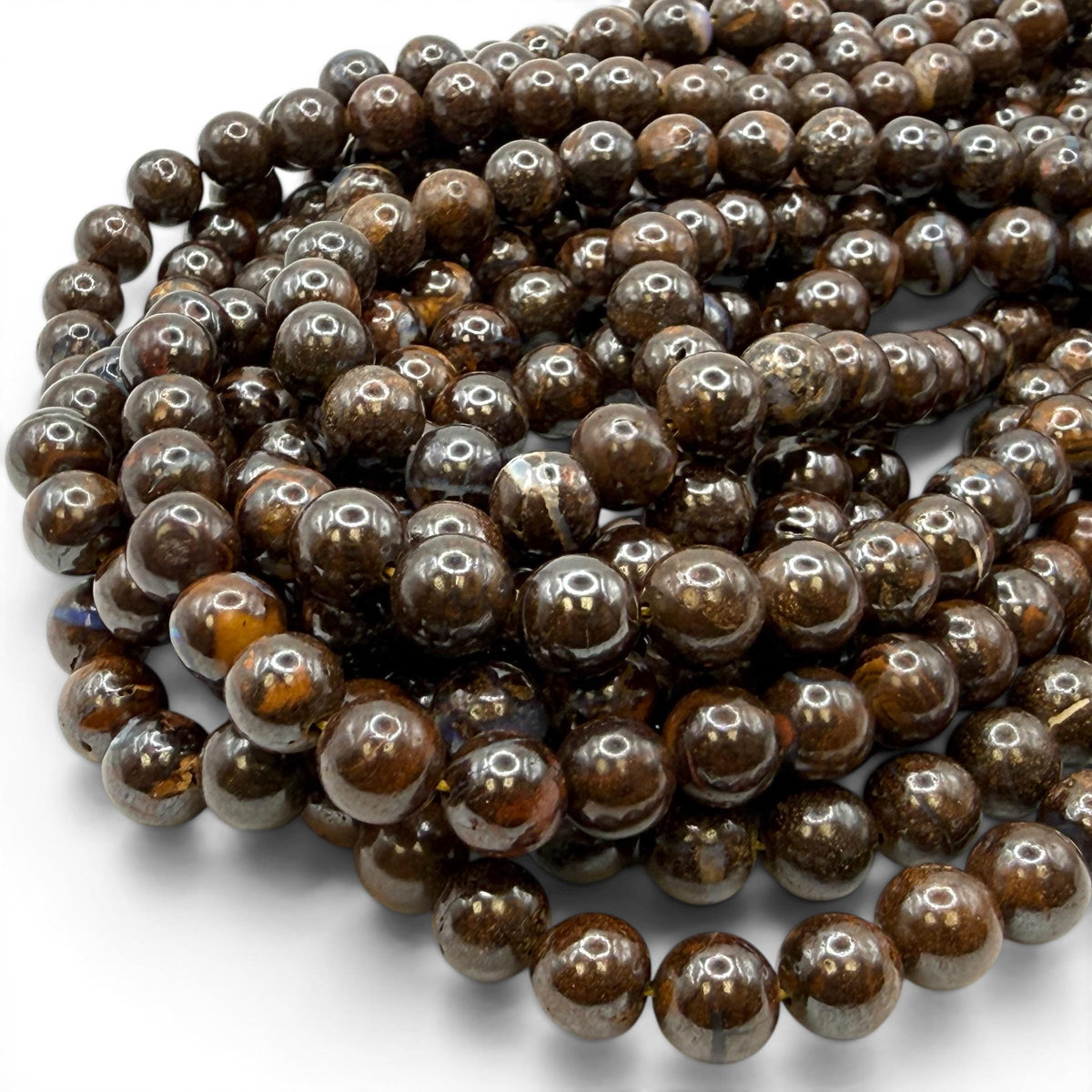 Queensland Boulder Opal Beads Australia - Naturally Formed in Cracks of Ironstone Boulders - Darkest Espresso Brown AAA - Smooth Round