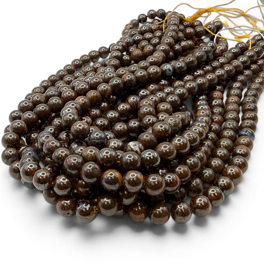 Queensland Boulder Opal Beads Australia - Naturally Formed in Cracks of Ironstone Boulders - Darkest Espresso Brown AAA - Smooth Round