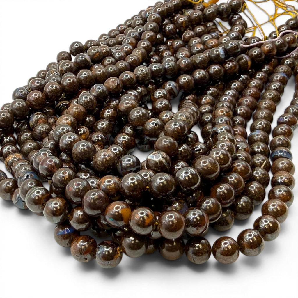 Queensland Boulder Opal Beads Australia - Naturally Formed in Cracks of Ironstone Boulders - Darkest Espresso Brown AAA - Smooth Round