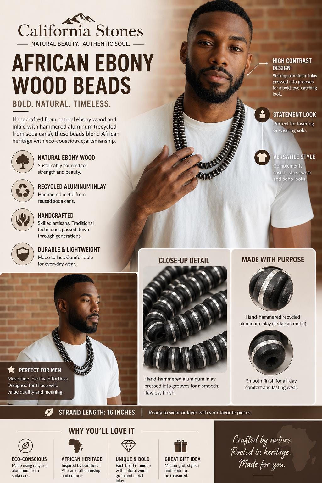 Midnight Ebony Wood Beads with Aluminum Inlay - From South Africa - Small Batch Production - 12mm SKU#B32