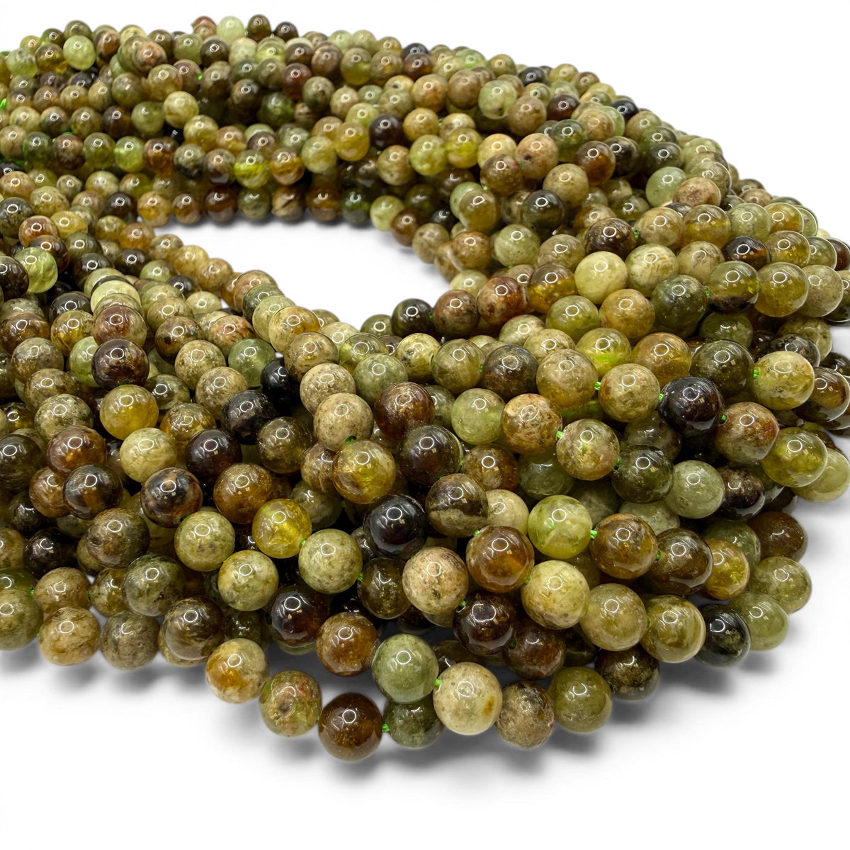 Grossular Garnet Beads Madagascar - Natural Olive Forest Tones - Earthy Luxe Gemstone Strand - Smooth Round