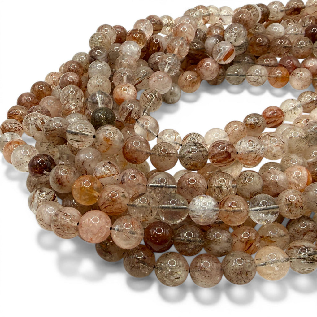 Angel-Hair Copper Rutilated Phantom Quartz Beads Brazil - Copper Rutile with Hematite - Jewelry Making - Smooth Round