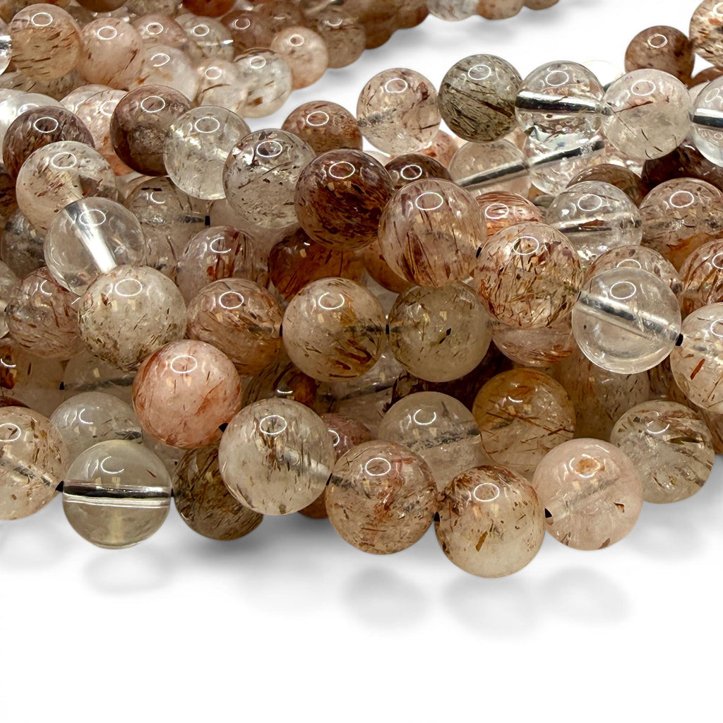 Angel-Hair Copper Rutilated Phantom Quartz Beads Brazil - Copper Rutile with Hematite - Jewelry Making - Smooth Round