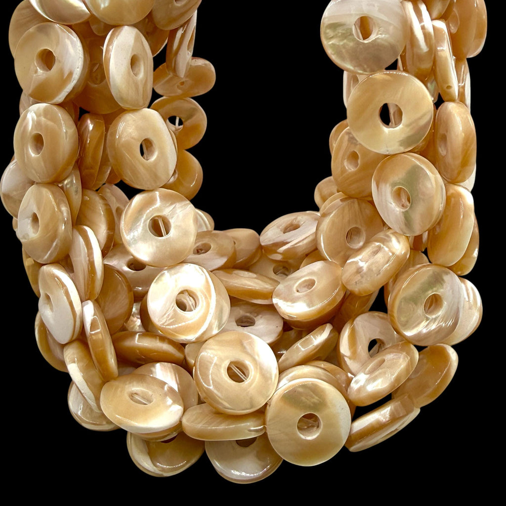AAA Mirror-Polished Troca Shell Beads (AAA Luster) Natural Champagne Golden Glow Mother of Pearl - Smooth Donut 15mm SKU#B305