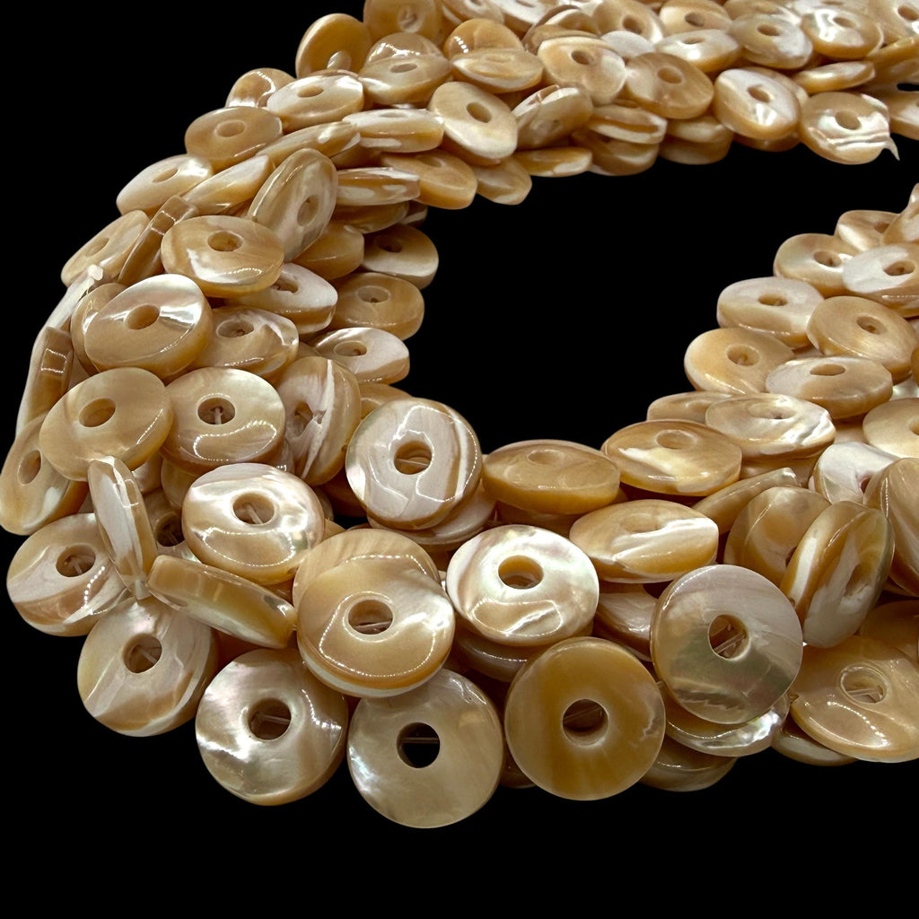 AAA Mirror-Polished Troca Shell Beads (AAA Luster) Natural Champagne Golden Glow Mother of Pearl - Smooth Donut 15mm SKU#B305