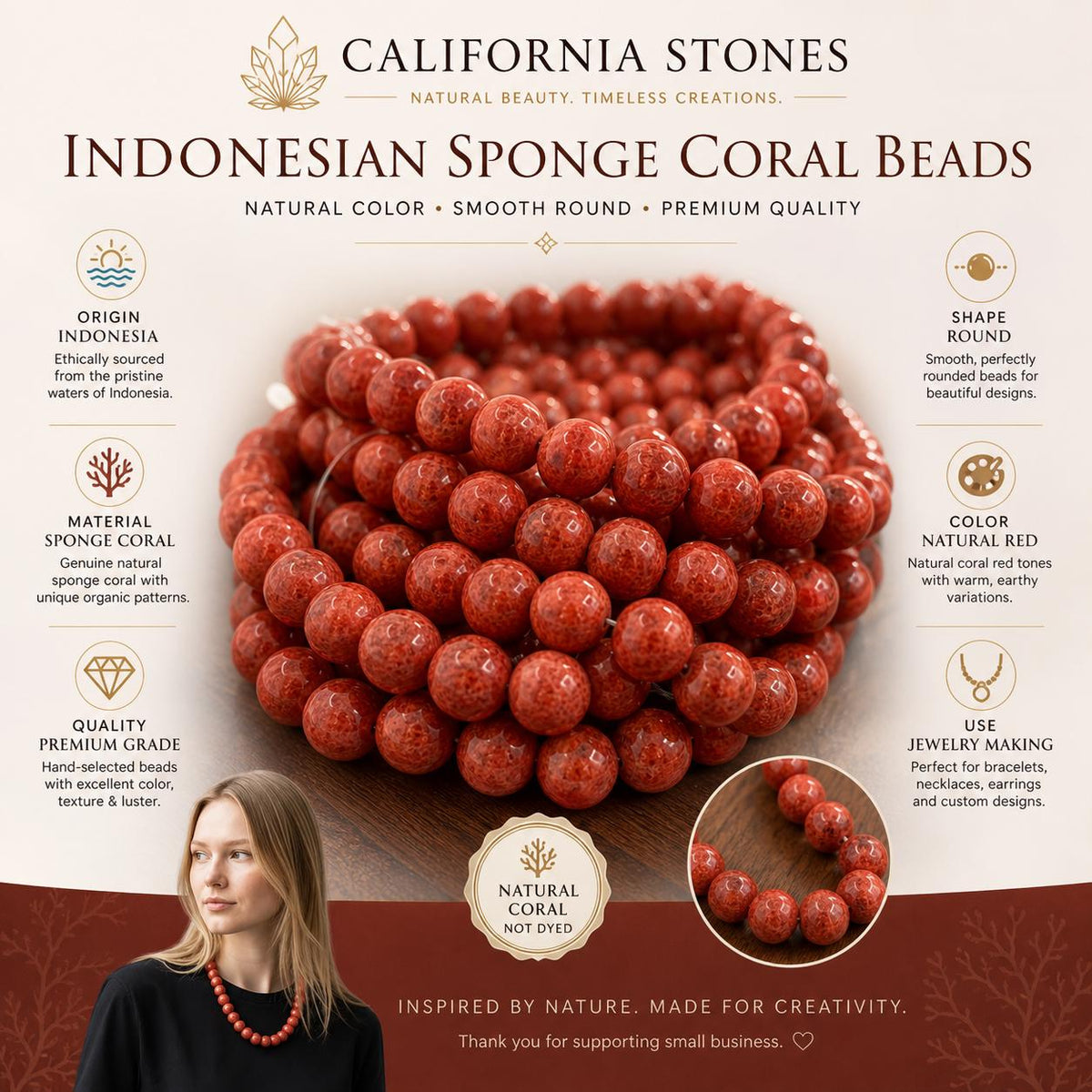 Exceptional AAA Indonesian Red Sponge Coral Beads - Rich Deep-Ocean Red - Natural Untreated Smooth Round
