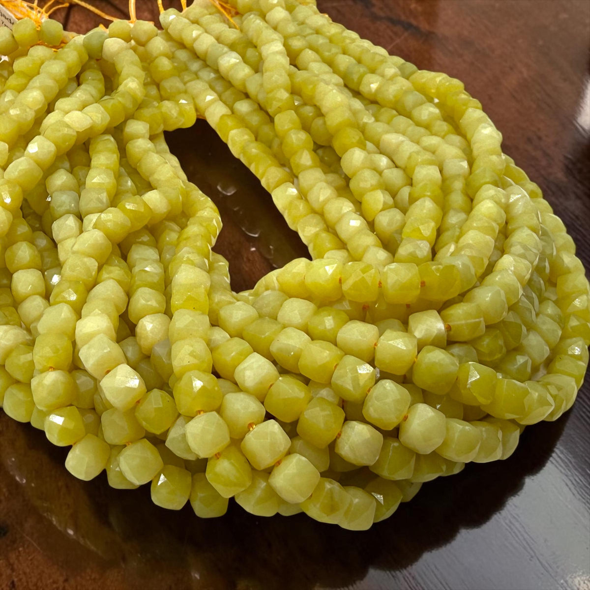 Sunlit Olive Jade Beads - Vibrant Golden Glow Serpentine Gemstone For Jewelry Making - 3D Faceted Cube 8mm SKU#A201