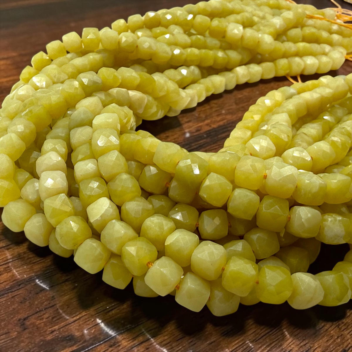 Sunlit Olive Jade Beads - Vibrant Golden Glow Serpentine Gemstone For Jewelry Making - 3D Faceted Cube 8mm SKU#A201
