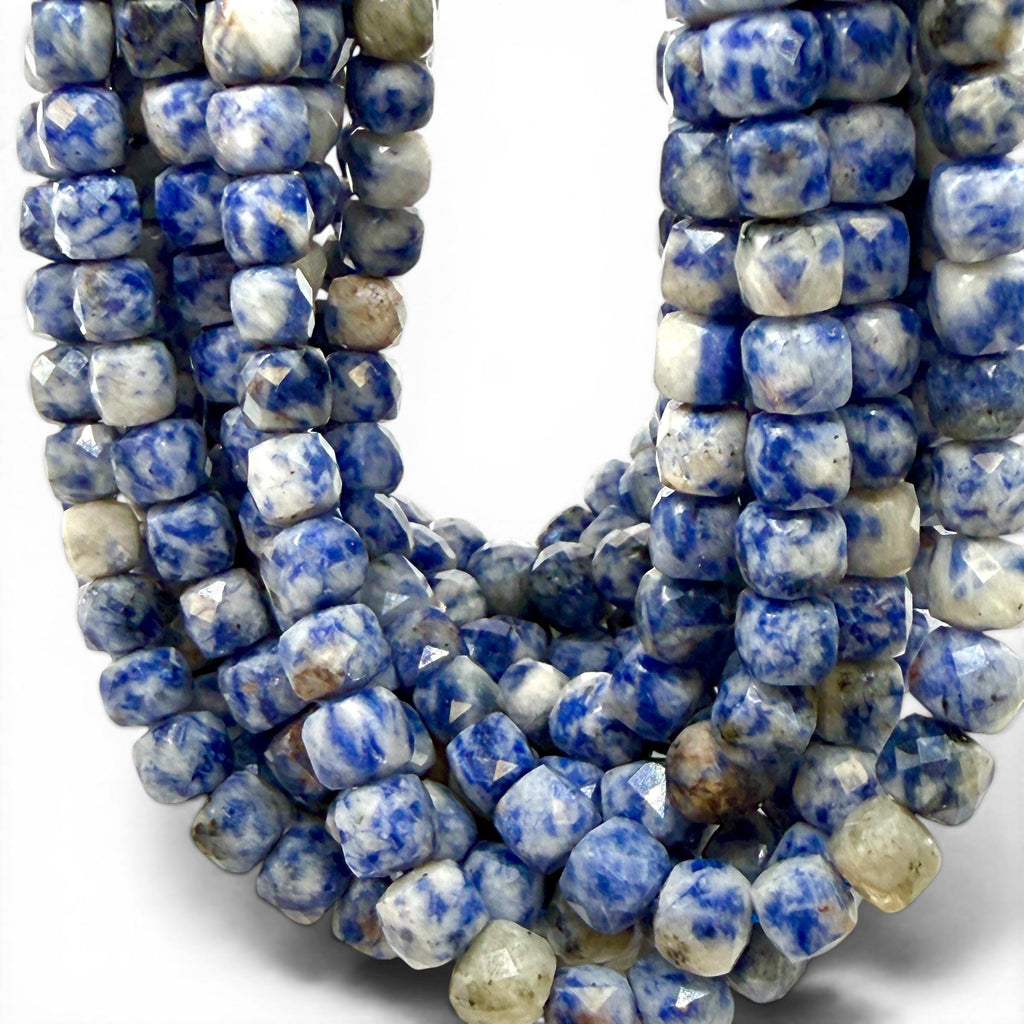 Brazilian Denim Sodalite Beads - Natural White Matrix Gemstone For Jewelry Making - 3D Faceted Cube 8mm SKU#A202