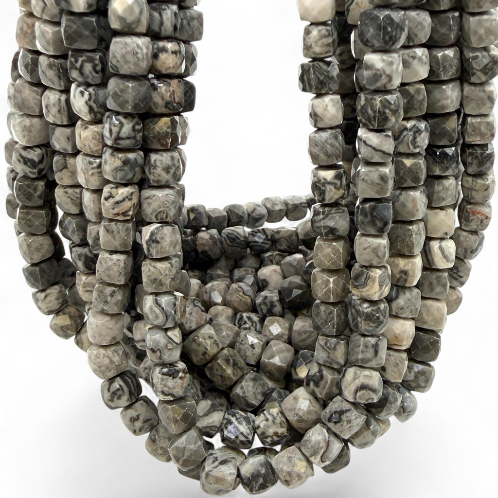 Smoky Picasso Jasper Beads - Soft Grey Picasso Marble with Ink Veining - Natural Abstract Stone - 3D Faceted Cube 8mm SKU#A203