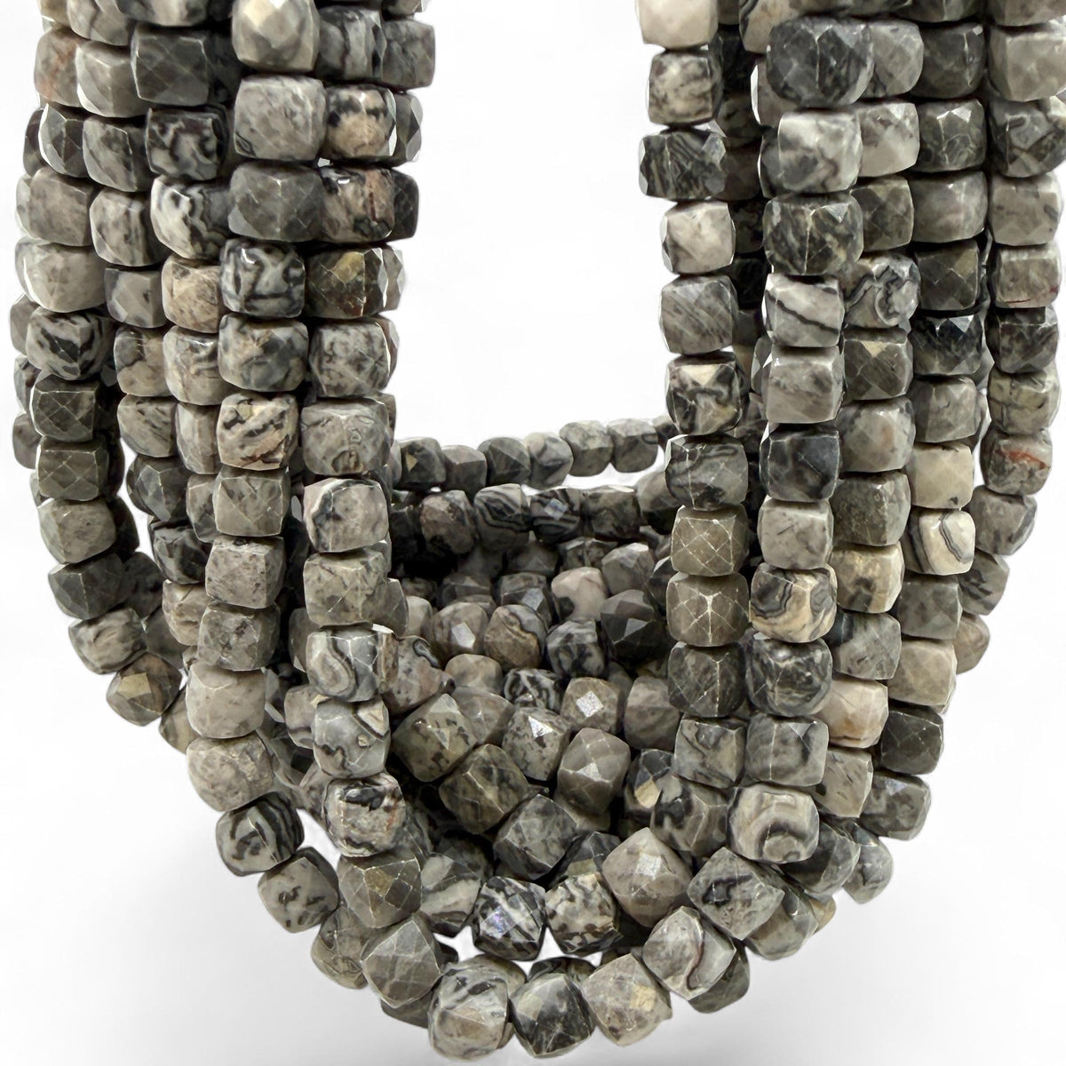 Smoky Picasso Jasper Beads - Soft Grey Picasso Marble with Ink Veining - Natural Abstract Stone - 3D Faceted Cube 8mm SKU#A203