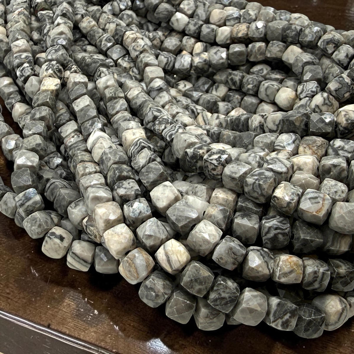 Smoky Picasso Jasper Beads - Soft Grey Picasso Marble with Ink Veining - Natural Abstract Stone - 3D Faceted Cube 8mm SKU#A203