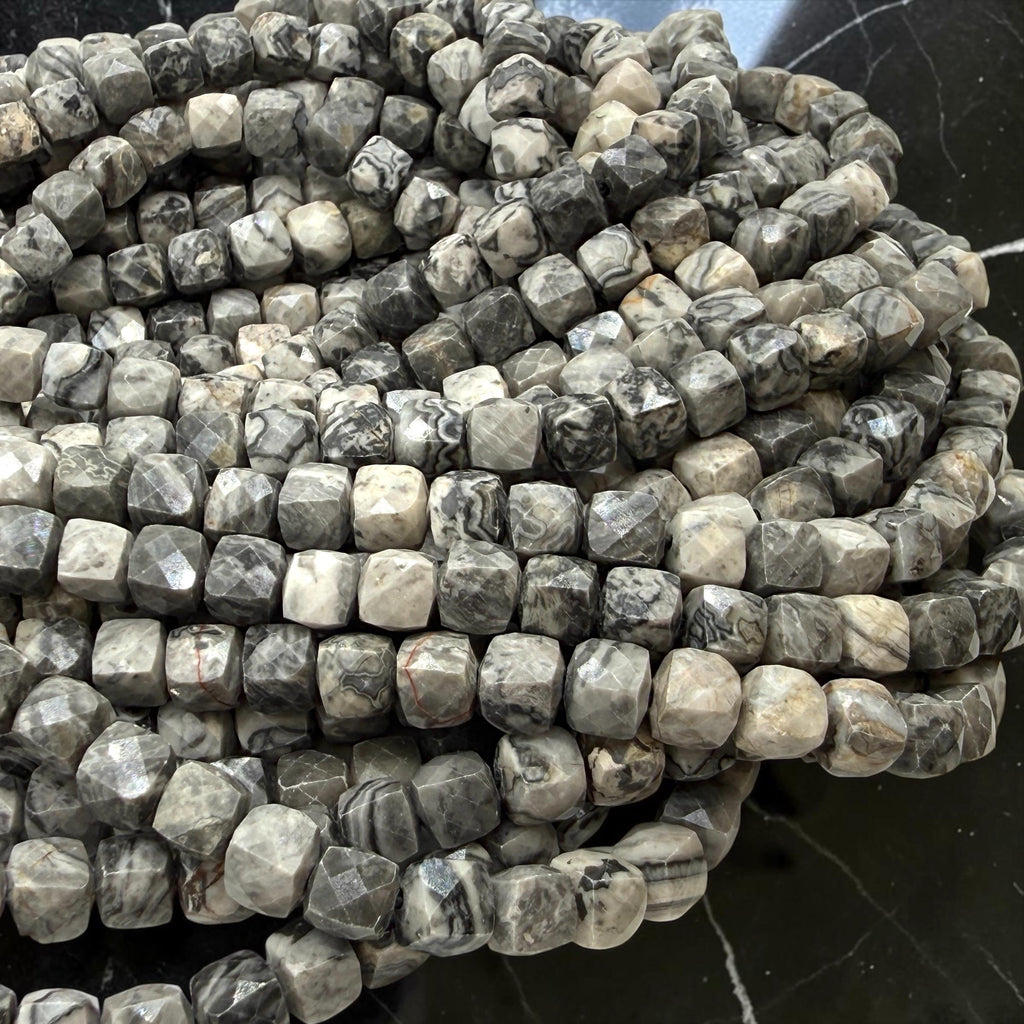Smoky Picasso Jasper Beads - Soft Grey Picasso Marble with Ink Veining - Natural Abstract Stone - 3D Faceted Cube 8mm SKU#A203