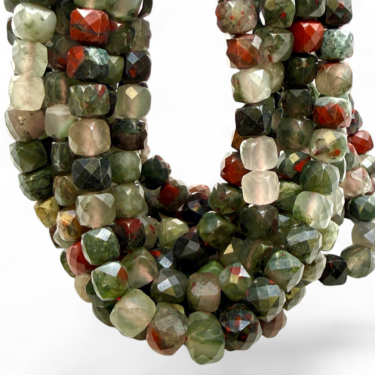 African Bloodstone Beads (Heliotrope) Translucent Multicolor Green Stone with Red Inclusions - Jewelry Making - 3D Faceted Cube 8mm SKU#A204
