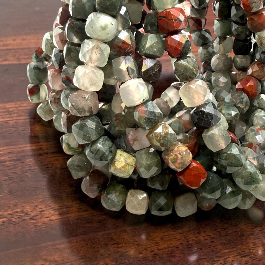 African Bloodstone Beads (Heliotrope) Translucent Multicolor Green Stone with Red Inclusions - Jewelry Making - 3D Faceted Cube 8mm SKU#A204