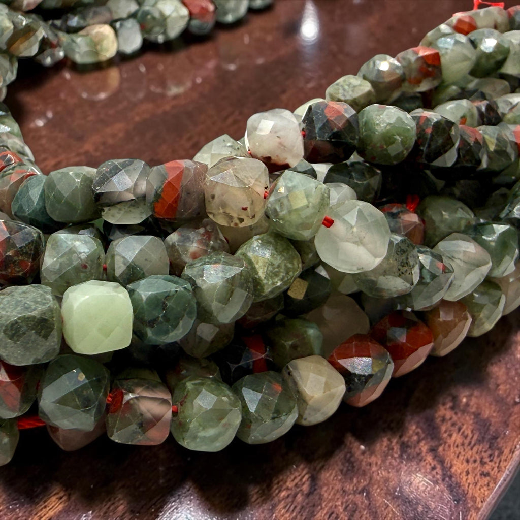 African Bloodstone Beads (Heliotrope) Translucent Multicolor Green Stone with Red Inclusions - Jewelry Making - 3D Faceted Cube 8mm SKU#A204