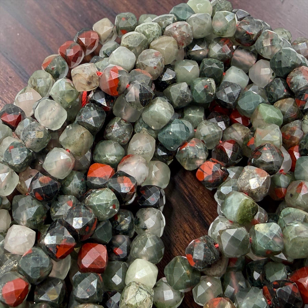 African Bloodstone Beads (Heliotrope) Translucent Multicolor Green Stone with Red Inclusions - Jewelry Making - 3D Faceted Cube 8mm SKU#A204