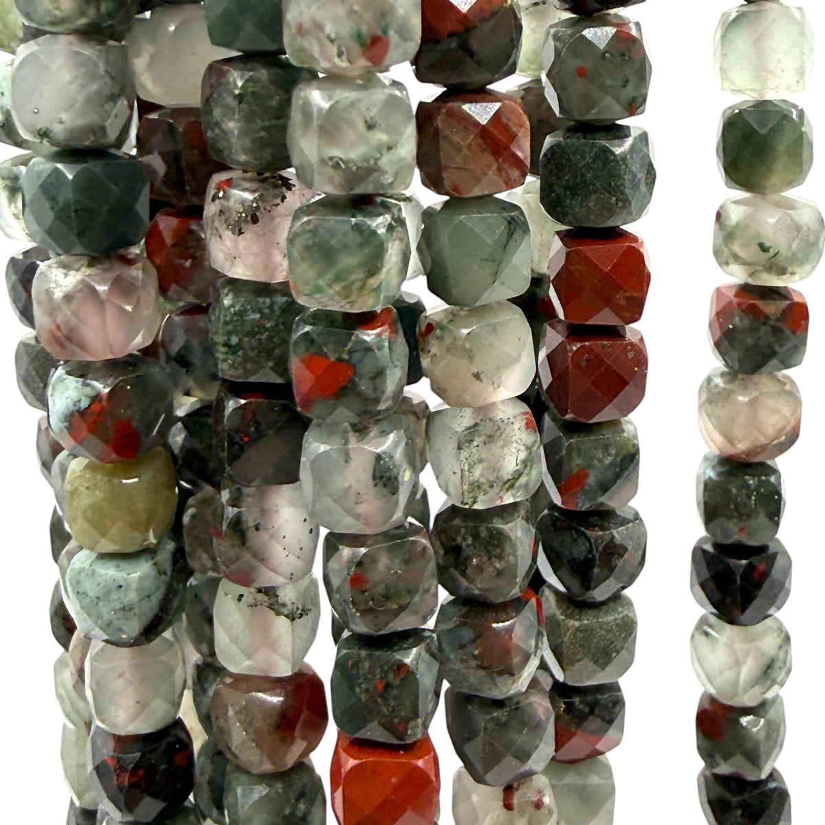 African Bloodstone Beads (Heliotrope) Translucent Multicolor Green Stone with Red Inclusions - Jewelry Making - 3D Faceted Cube 8mm SKU#A204