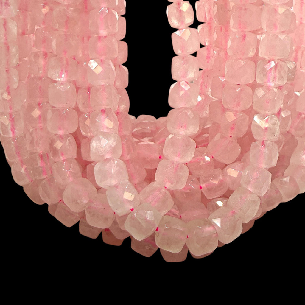 Madagascan Rose Quartz Beads - Natural Soft Pink Quartz For Jewelry Making - 3D Faceted Cube 8mm SKU#A205