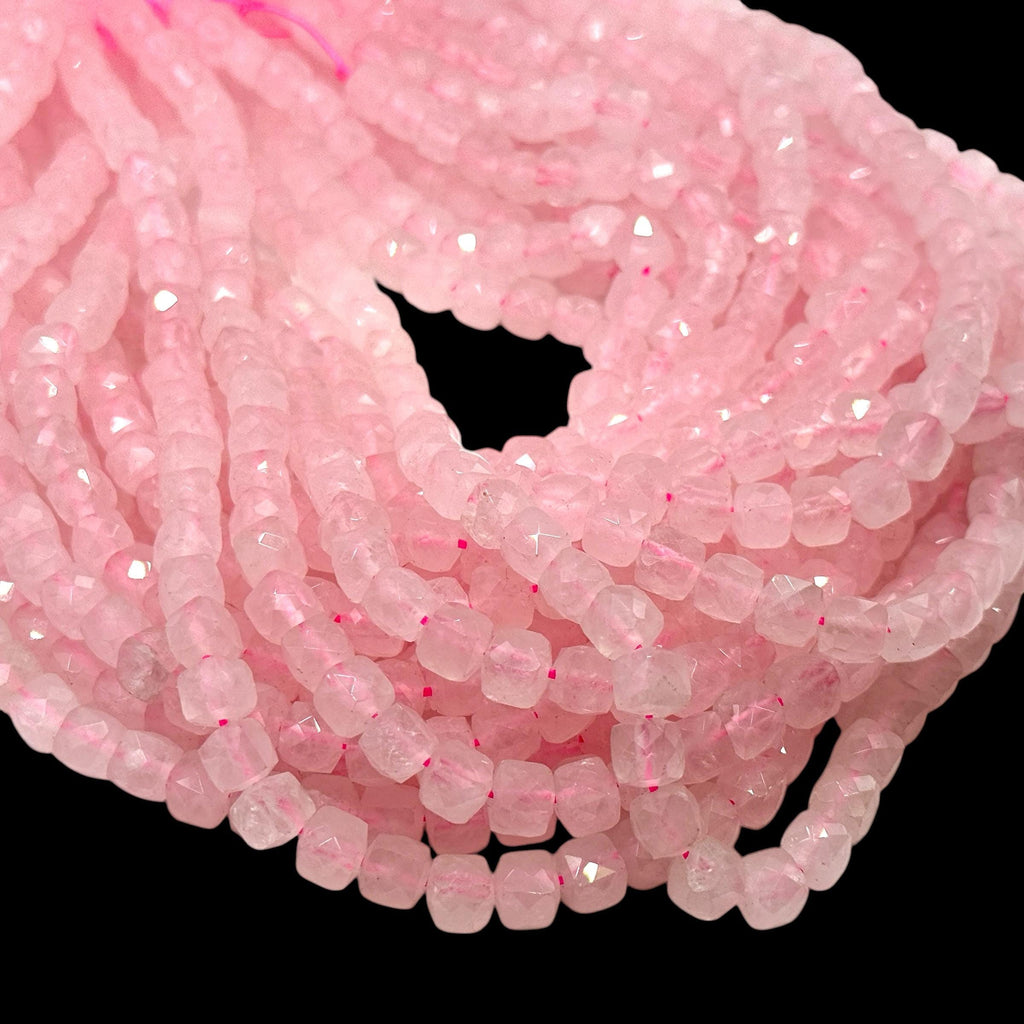 Madagascan Rose Quartz Beads - Natural Soft Pink Quartz For Jewelry Making - 3D Faceted Cube 8mm SKU#A205