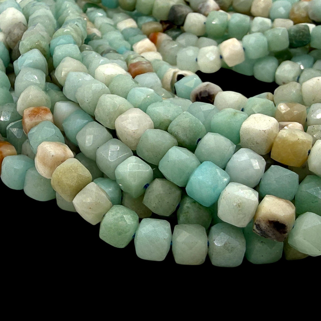 Russian Amazonite Beads - Aqua Blue Green Ocean Tones - Gemstone For Jewelry Making Supply - 3D Faceted Cube 8mm SKU#A206