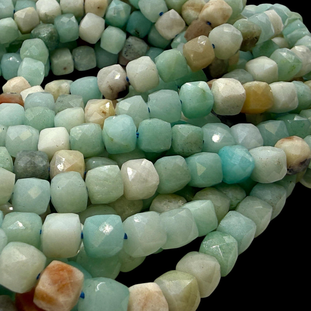Russian Amazonite Beads - Aqua Blue Green Ocean Tones - Gemstone For Jewelry Making Supply - 3D Faceted Cube 8mm SKU#A206