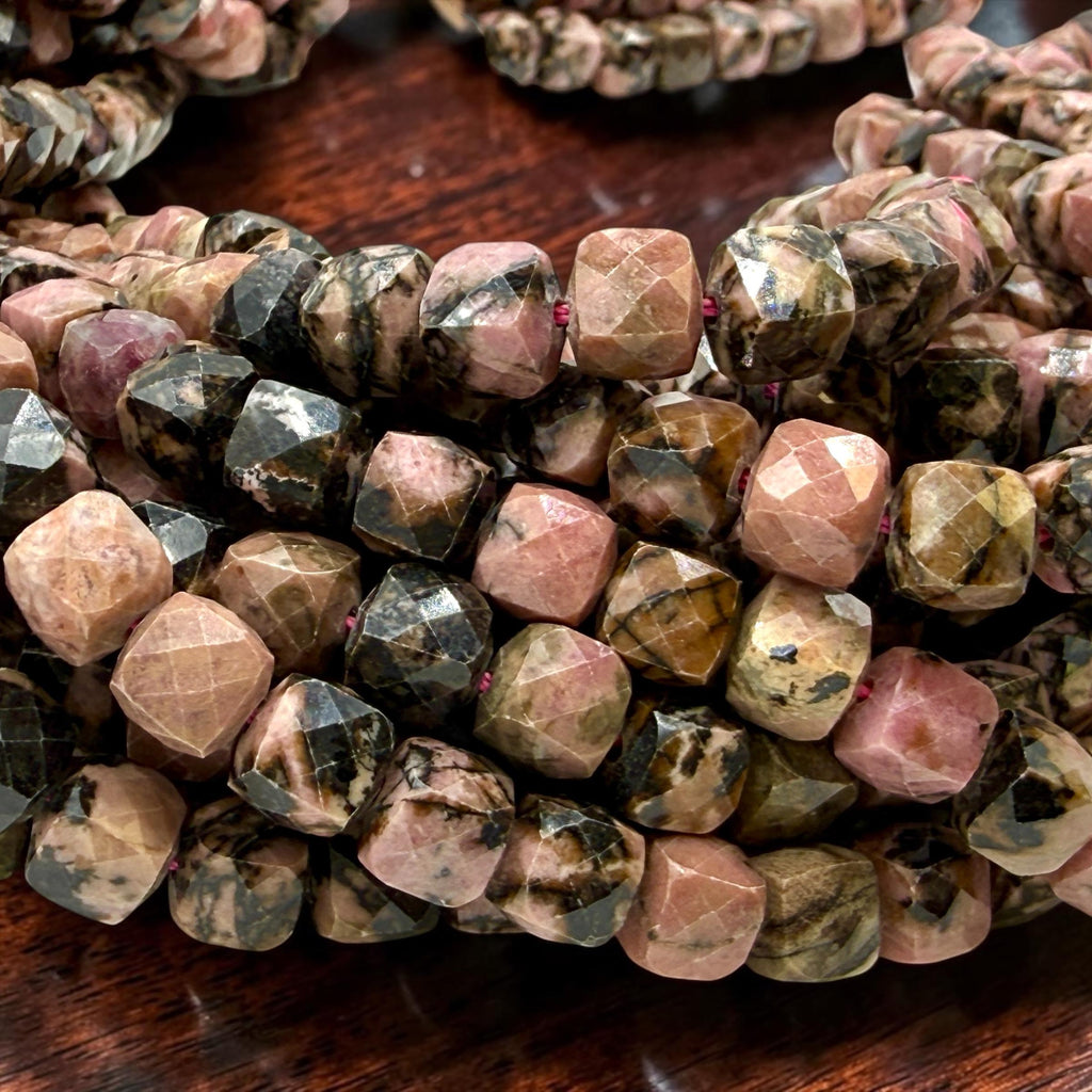 Imperial Rose Rhodonite Beads Madagascar - Organic Midnight Vein Pattern - Gemstone For Jewelry Making Supply - 3D Faceted Cube 8mm SKU#A208