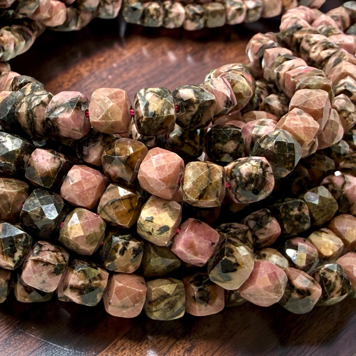 Imperial Rose Rhodonite Beads Madagascar - Organic Midnight Vein Pattern - Gemstone For Jewelry Making Supply - 3D Faceted Cube 8mm SKU#A208
